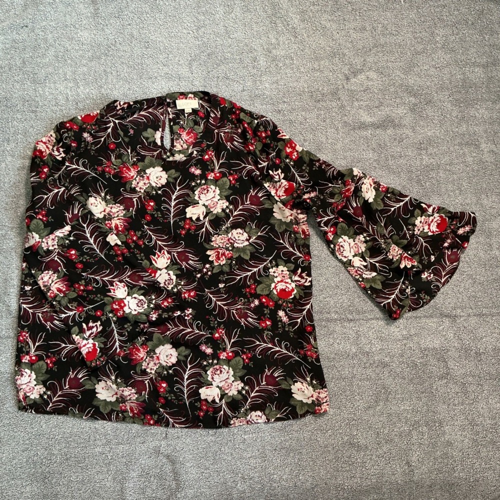 Loft Outlet Womens XL Floral Bell Sleeve Blouse Black Red Peacock Print Top